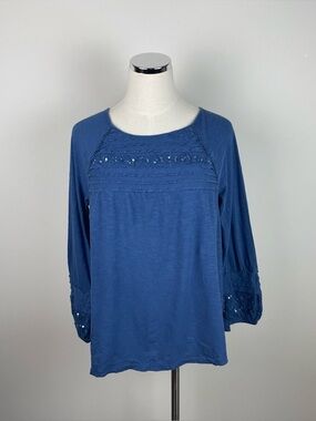 New Directions Blue Sequin Long Sleeve Top Women Large